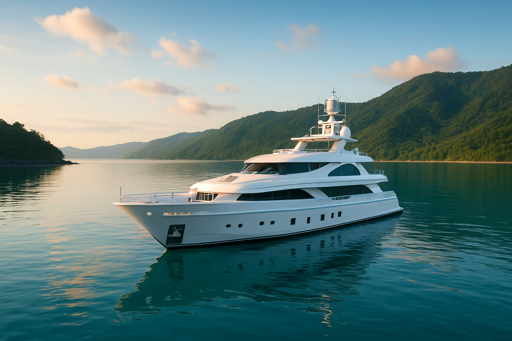 A luxurious yacht anchored in calm waters surrounded by mountains under a clear sky