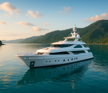A luxurious yacht anchored in calm waters surrounded by mountains under a clear sky