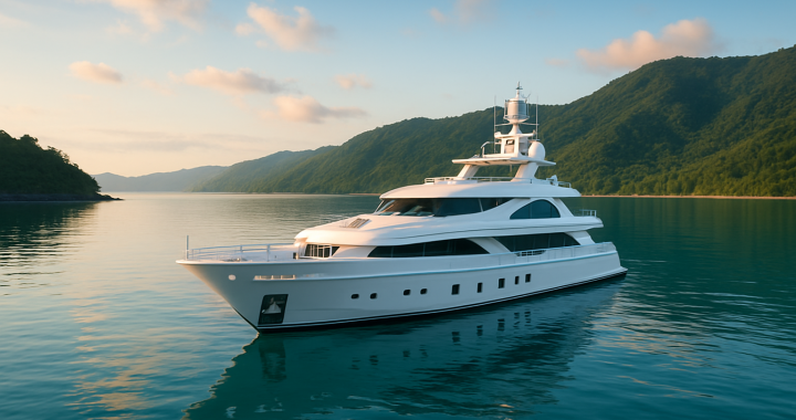 A luxurious yacht anchored in calm waters surrounded by mountains under a clear sky