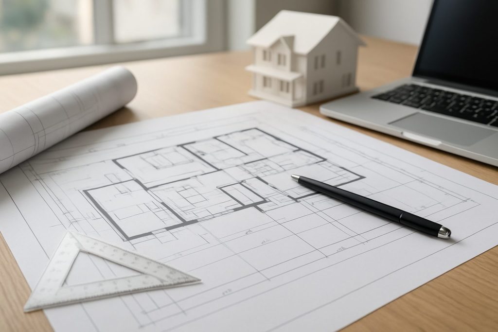 Blueprint of a residential house plan on a wooden table with a model house and a laptop in the background