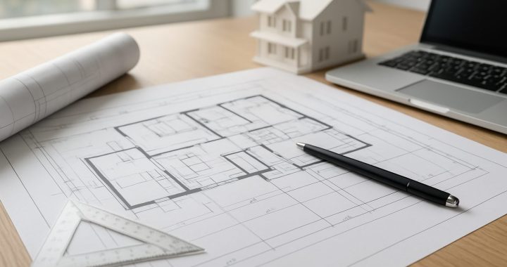 Blueprint of a residential house plan on a wooden table with a model house and a laptop in the background