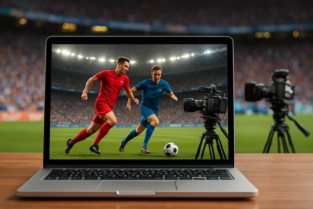 A laptop displaying a soccer match with players in red and blue jerseys on a field, with cameras on the sides.