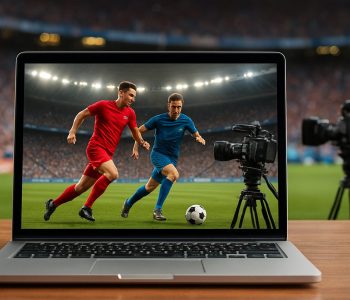 A laptop displaying a soccer match with players in red and blue jerseys on a field, with cameras on the sides.