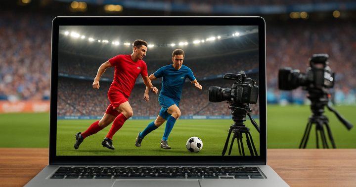 A laptop displaying a soccer match with players in red and blue jerseys on a field, with cameras on the sides.