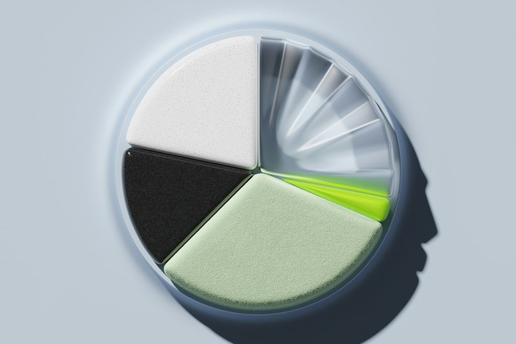 A segmented pie chart rendered in 3D, featuring various textures and colors.