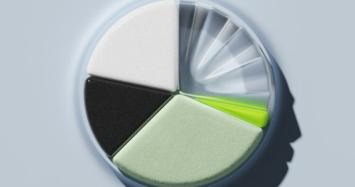 A segmented pie chart rendered in 3D, featuring various textures and colors.